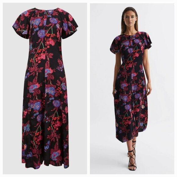 NWT Reiss LENI FITTED FLORAL PRINT Black MIDI Whimsy Fairy DRESS Size 10 *FLAWED - Picture 2 of 16